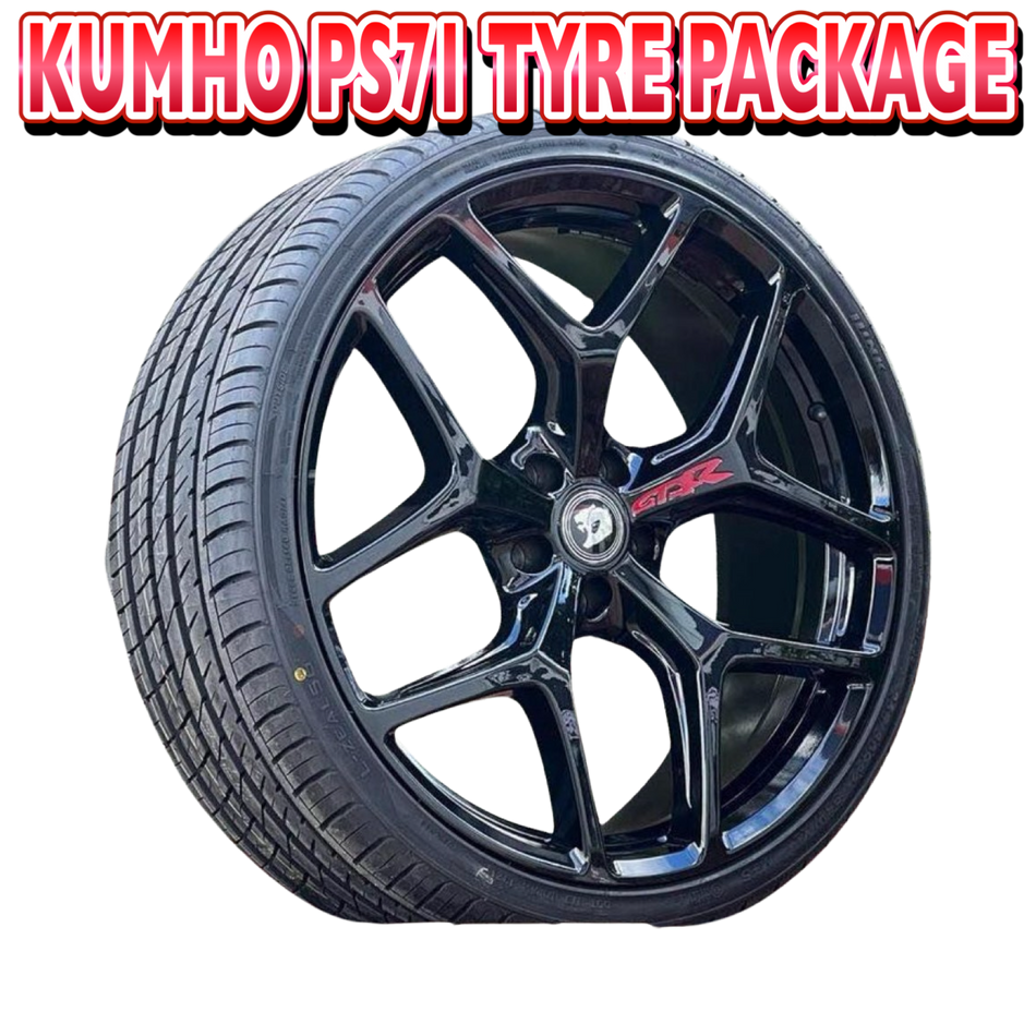 GTSR FULL WHEEL & KUMHO PS71 TYRE PACKAGE 20x8.5" & 9.5 (STAGGERED) ALL COMMODORE - GLOSS BLACK/RED ENGRAVING